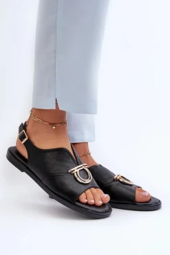 Płaskie Sandały Damskie Ze Złotą Ozdobą Vinceza 17319 Czarne