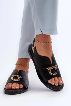 Płaskie Sandały Damskie Ze Złotą Ozdobą Vinceza 17319 Czarne