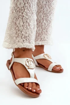 Płaskie Sandały Damskie Ze Złotą Ozdobą S.Barski KV27-051 Biało-Srebrne