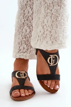 Płaskie Sandały Damskie Ze Złotą Ozdobą S.Barski KV27-051 Czarne