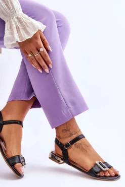 Płaskie Sandały Na Złotym Obcasie Czarne Mindley