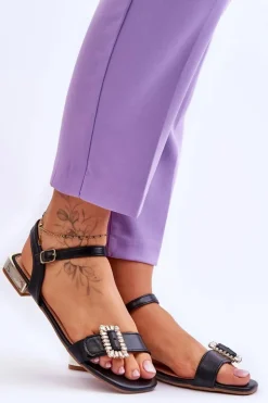 Płaskie Sandały Na Złotym Obcasie Czarne Mindley