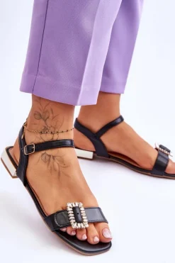 Płaskie Sandały Na Złotym Obcasie Czarne Mindley