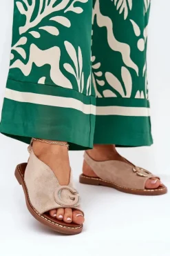 Płaskie Sandały Z Ozdobą Beżowe Haliones