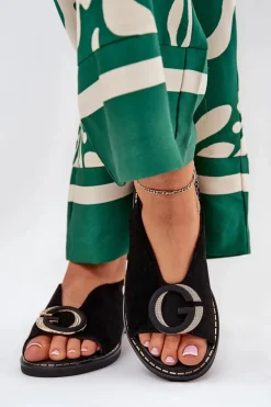 Płaskie Sandały Z Ozdobą Czarne Haliones