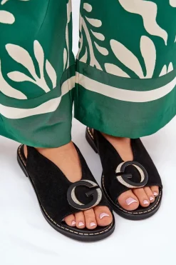 Płaskie Sandały Z Ozdobą Czarne Haliones