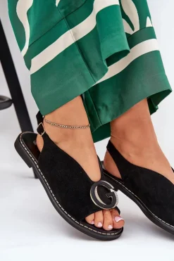 Płaskie Sandały Z Ozdobą Czarne Haliones