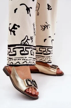 Płaskie Sandały Z Ozdobą Eko Skórzane Złote Lilria