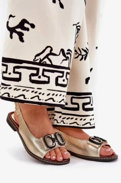 Płaskie Sandały Z Ozdobą Eko Skórzane Złote Lilria