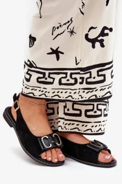 Płaskie Sandały Z Ozdobą Eko Zamszowe Czarne Lilria