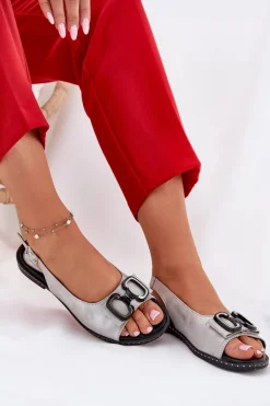 Płaskie Sandały Z Ozdobą Eko Skórzane Srebrne Lilria