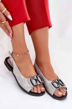 Płaskie Sandały Z Ozdobą Eko Skórzane Srebrne Lilria