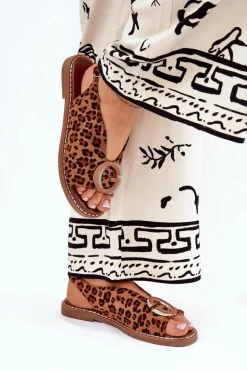 Płaskie Sandały Z Ozdobą Panterka Brązowe Haliones