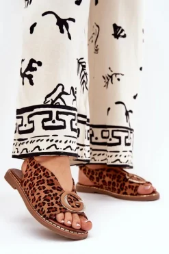 Płaskie Sandały Z Ozdobą Panterka Brązowe Haliones