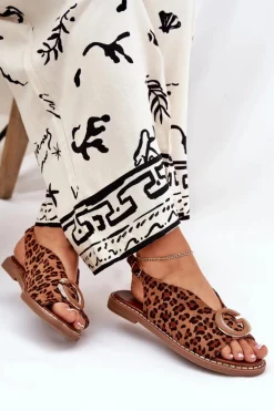 Płaskie Sandały Z Ozdobą Panterka Brązowe Haliones