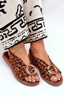 Płaskie Sandały Z Ozdobą Panterka Brązowe Haliones