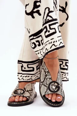 Płaskie Sandały Z Ozdobą Wężowy Wzór Beżowo-Brązowe Haliones