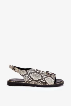 Płaskie Sandały Z Ozdobą Wężowy Wzór Beżowo-Brązowe Haliones