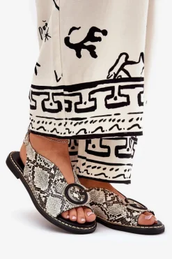 Płaskie Sandały Z Ozdobą Wężowy Wzór Beżowo-Brązowe Haliones
