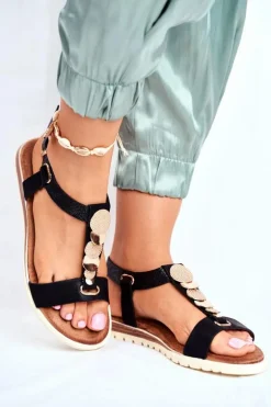 Płaskie Sandały Z Ozdobami Czarne Milton