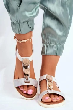 Płaskie Sandały Z Ozdobami Srebrne Milton