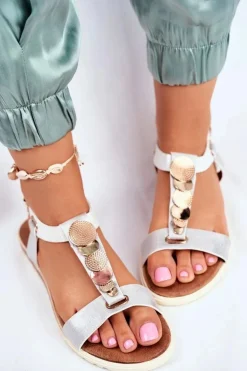 Płaskie Sandały Z Ozdobami Srebrne Milton