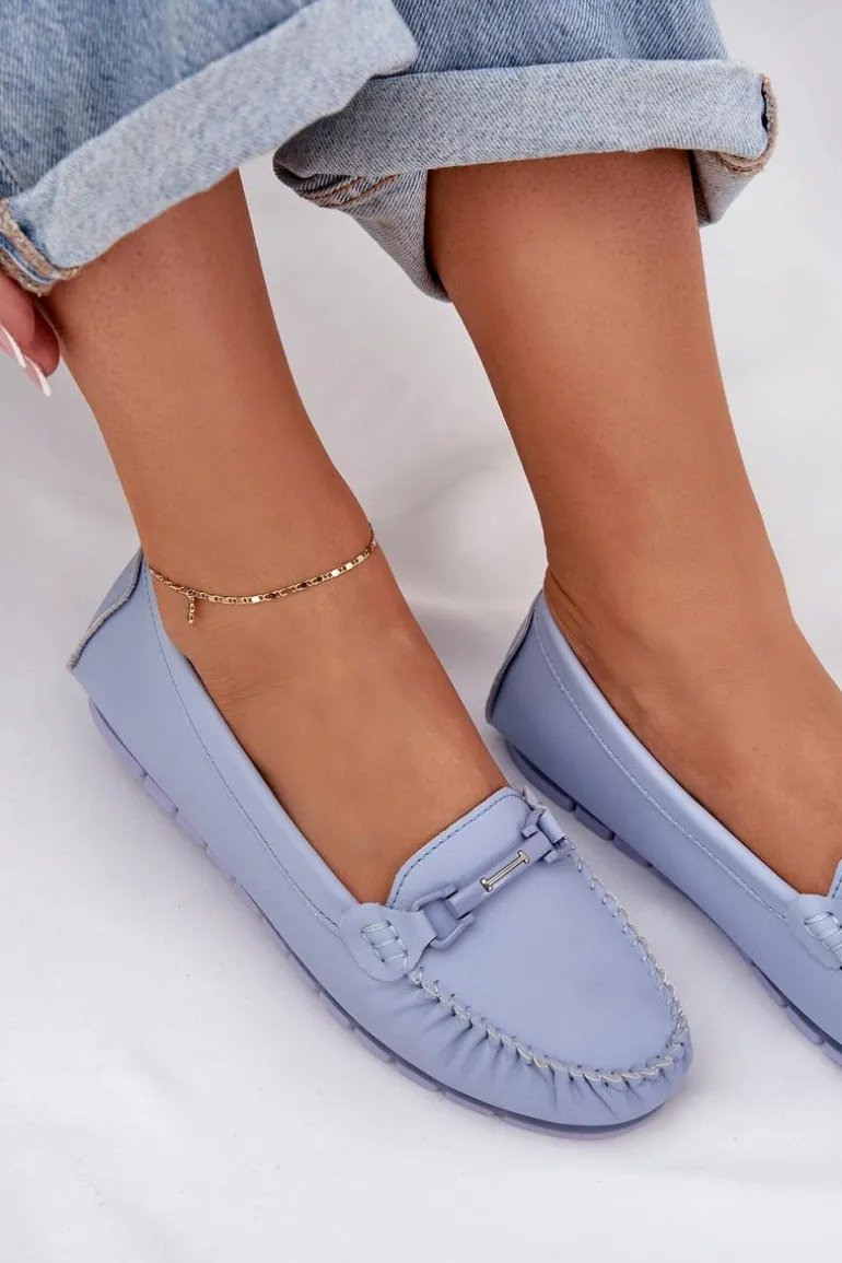 Płaskie Skórzane Mokasyny Z Ozdobą S.Barski LR51-547 Niebieskie