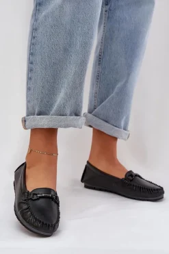 Płaskie Skórzane Mokasyny Z Ozdobą S.Barski LR51-547 Czarne