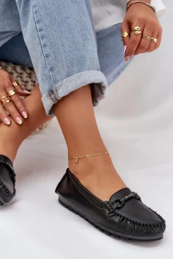 Płaskie Skórzane Mokasyny Z Ozdobą S.Barski LR51-547 Czarne