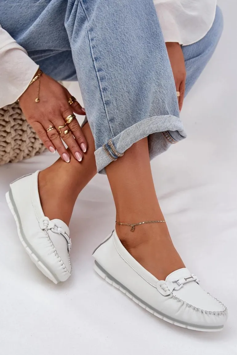 Płaskie Skórzane Mokasyny Z Ozdobą S.Barski LR51-547 Białe