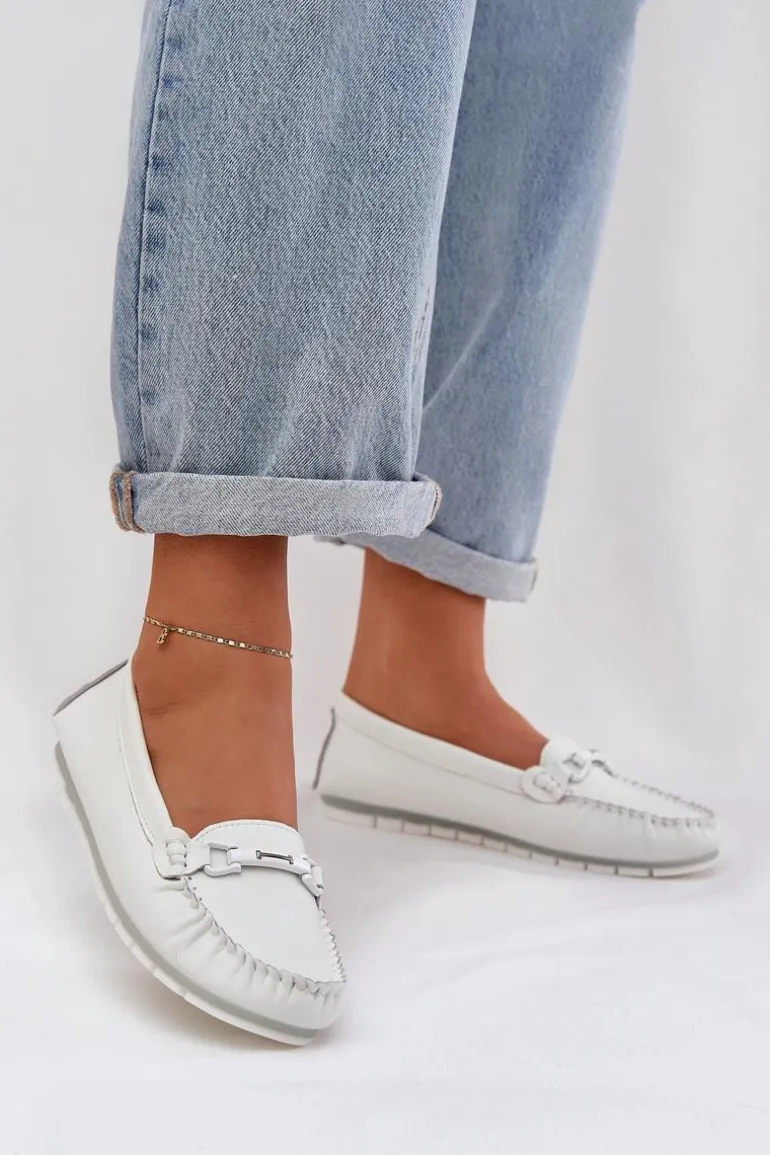 Płaskie Skórzane Mokasyny Z Ozdobą S.Barski LR51-547 Białe