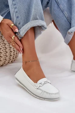 Płaskie Skórzane Mokasyny Z Ozdobą S.Barski LR51-547 Białe