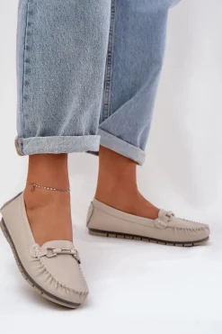 Płaskie Skórzane Mokasyny Z Ozdobą S.Barski LR51-547 Beżowe