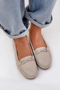 Płaskie Skórzane Mokasyny Z Ozdobą S.Barski LR51-547 Beżowe