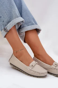 Płaskie Skórzane Mokasyny Z Ozdobą S.Barski LR51-547 Beżowe