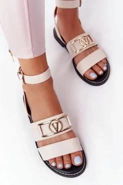 Płaskie Skórzane Sandały Beżowe On Time