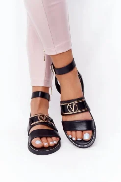 Płaskie Skórzane Sandały Czarne On Time