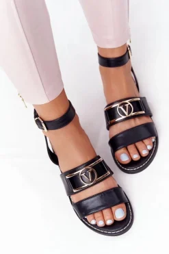 Płaskie Skórzane Sandały Czarne On Time