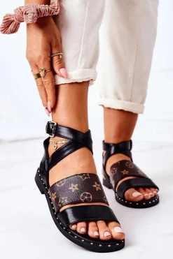 Płaskie Skórzane Sandały Czarne Loretta