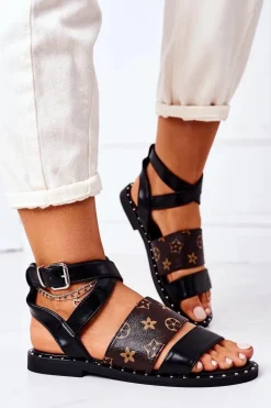 Płaskie Skórzane Sandały Czarne Loretta