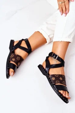 Płaskie Skórzane Sandały Czarne Loretta