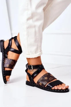 Płaskie Skórzane Sandały Czarne Loretta