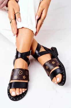 Płaskie Skórzane Sandały Czarne Loretta