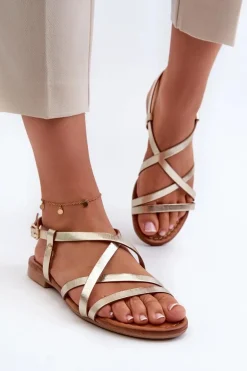 Płaskie Skórzane Sandały Damskie Maciejka 06635-25 Złote