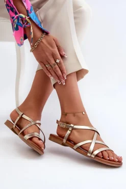 Płaskie Skórzane Sandały Damskie Maciejka 06635-25 Złote