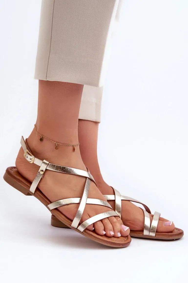 Płaskie Skórzane Sandały Damskie Maciejka 06635-25 Złote