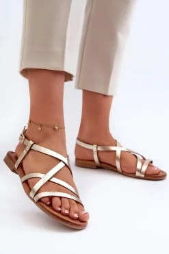 Płaskie Skórzane Sandały Damskie Maciejka 06635-25 Złote