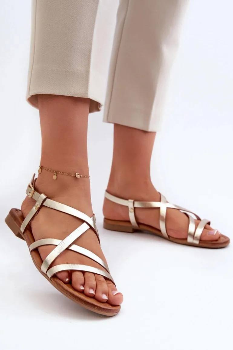 Płaskie Skórzane Sandały Damskie Maciejka 06635-25 Złote