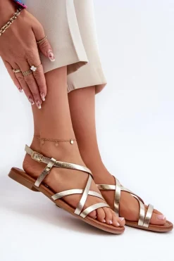 Płaskie Skórzane Sandały Damskie Maciejka 06635-25 Złote