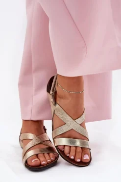 Płaskie Skórzane Sandały Damskie Zazoo 40032 Złote